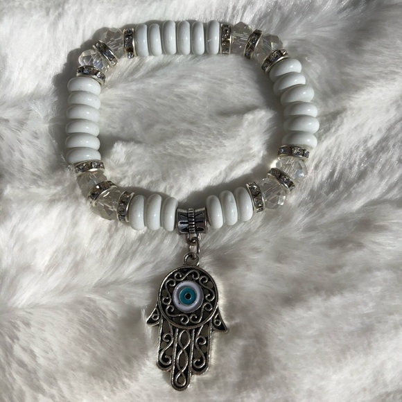 White Beaded Hamsa and Evil Eye Bracelet - Picture 2 of 8